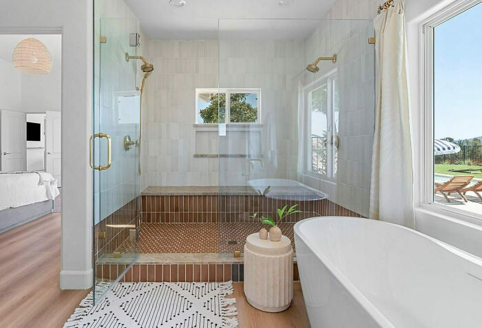 Spacious and colorful walk-in shower 