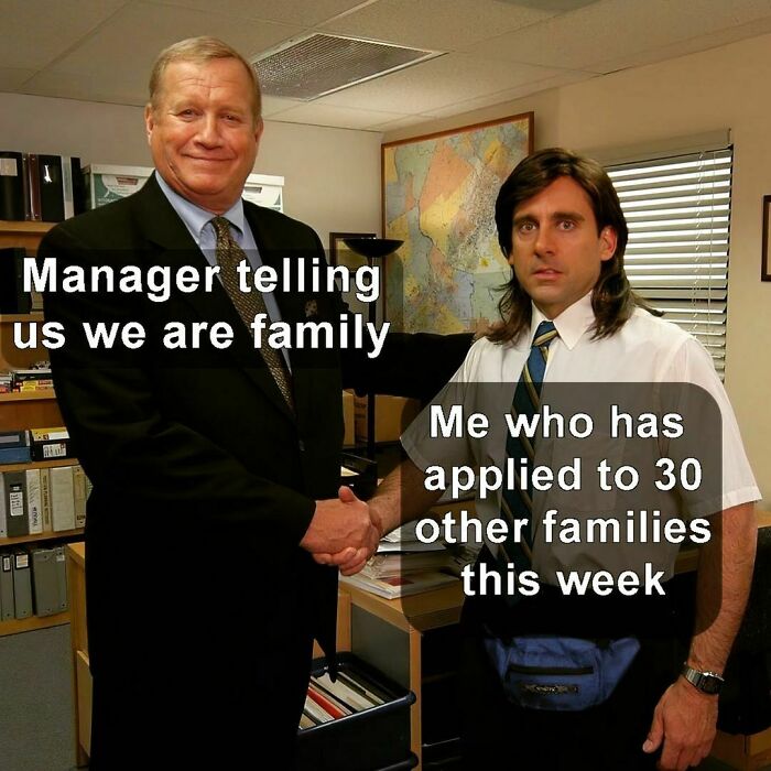 Funny WFH meme: Two people shaking hands, one labeled "Manager," the other "Me applying to 30 other families this week."
