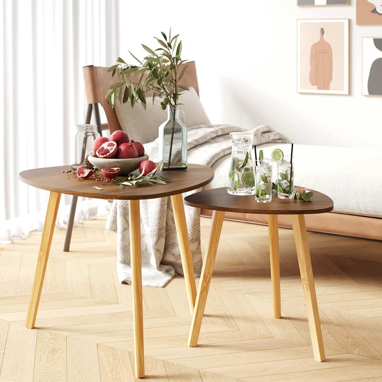 Two wooden coffee tables with a glass jar of water and pomegranates Two wooden coffee tables with a glass jar of water and pomegranates