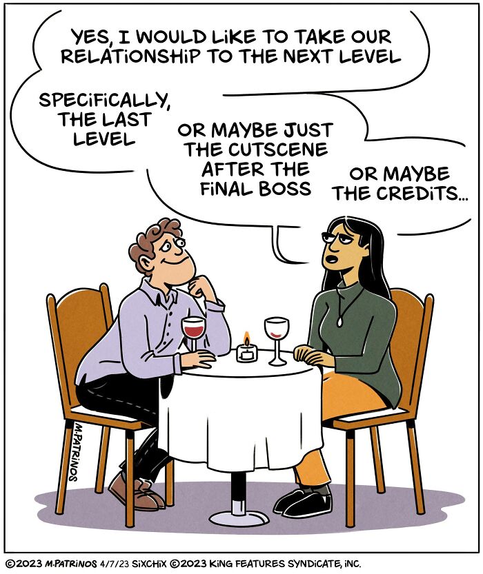 Couple at dinner humorously discussing relationship levels in a Maritsa Patrinos illustration.