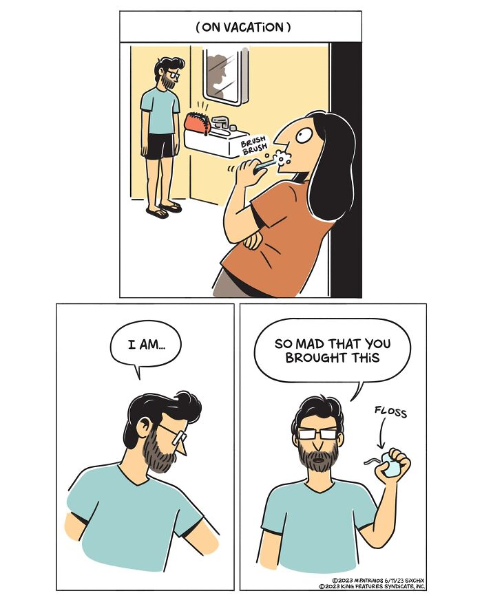 Man holding floss on vacation in humorous comic by Maritsa Patrinos.