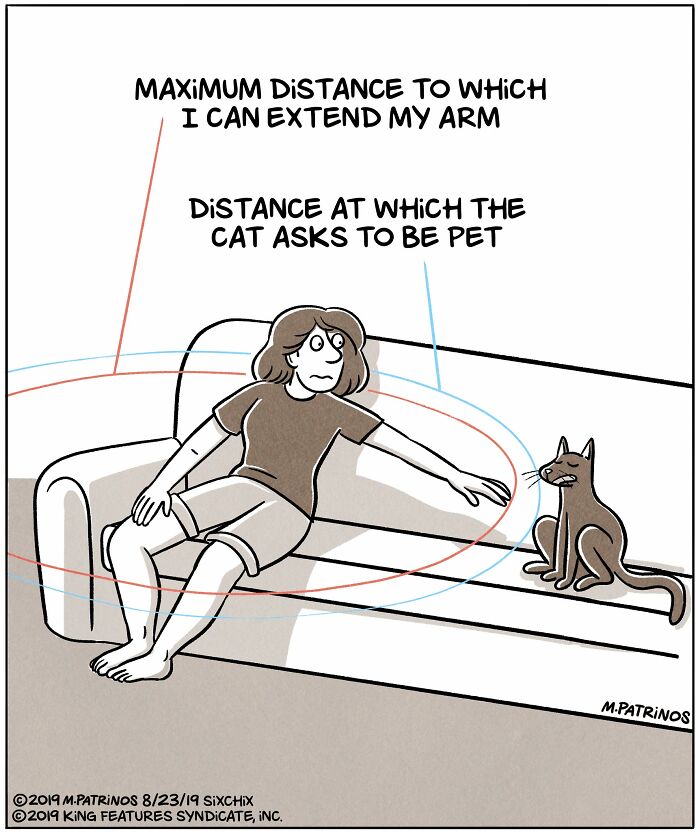 Woman humorously reaching for a distant cat on a sofa, illustrating funny and relatable situations by Maritsa Patrinos.