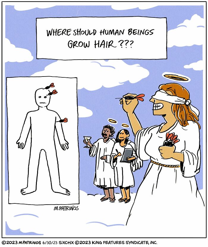 A funny illustration by Maritsa Patrinos showing a blindfolded angel playing darts to determine human hair growth.