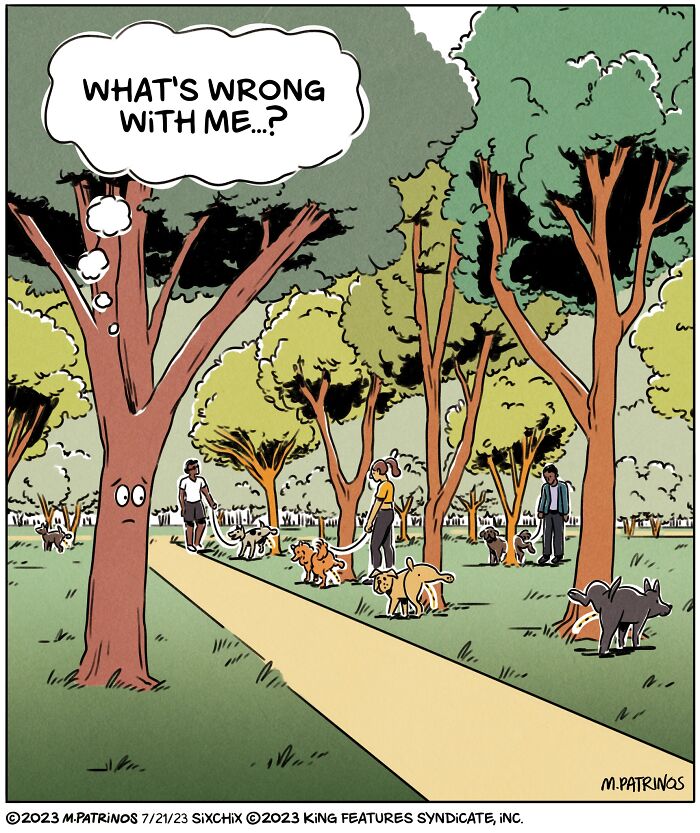 Tree in a park questioning itself, surrounded by people walking dogs; a humorous and relatable illustration by Maritsa Patrinos.