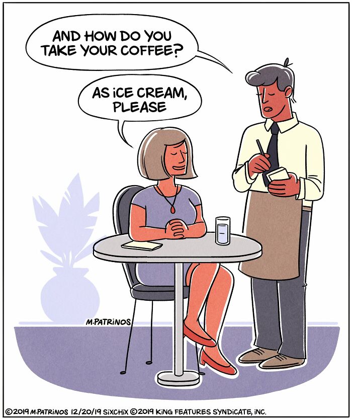 Woman humorously orders coffee as ice cream from a waiter at a café, showcasing a funny relatable situation.