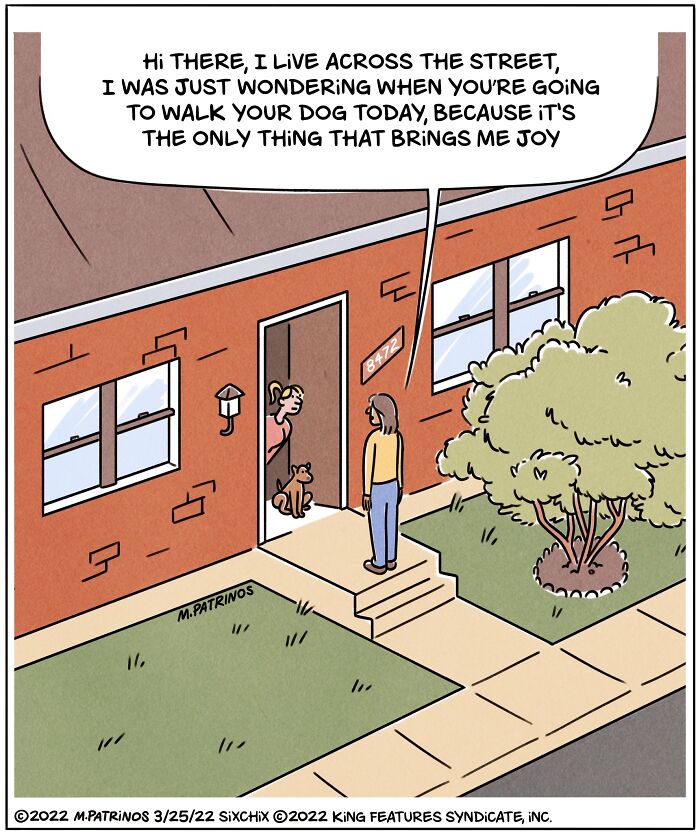Illustration by Maritsa Patrinos of a neighbor asking about dog walking schedule for some joy.
