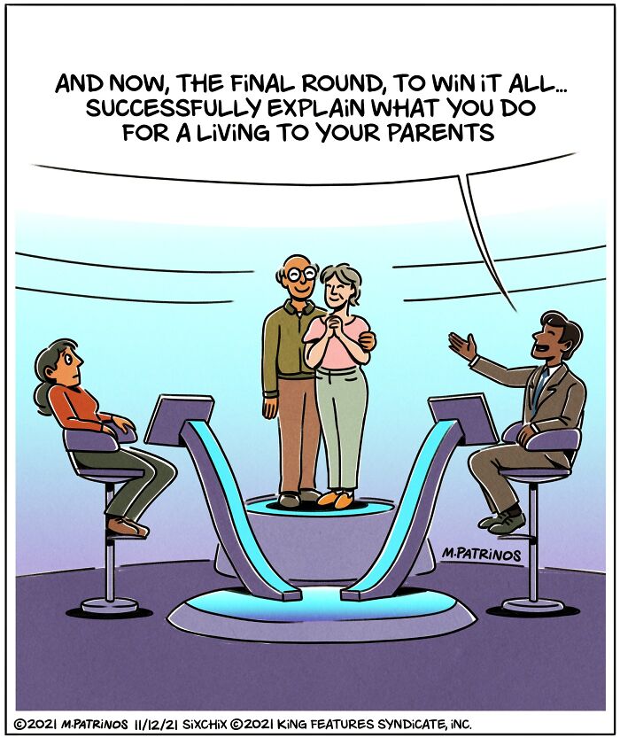 Comic illustration by Maritsa Patrinos of a game show scenario explaining your job to parents.