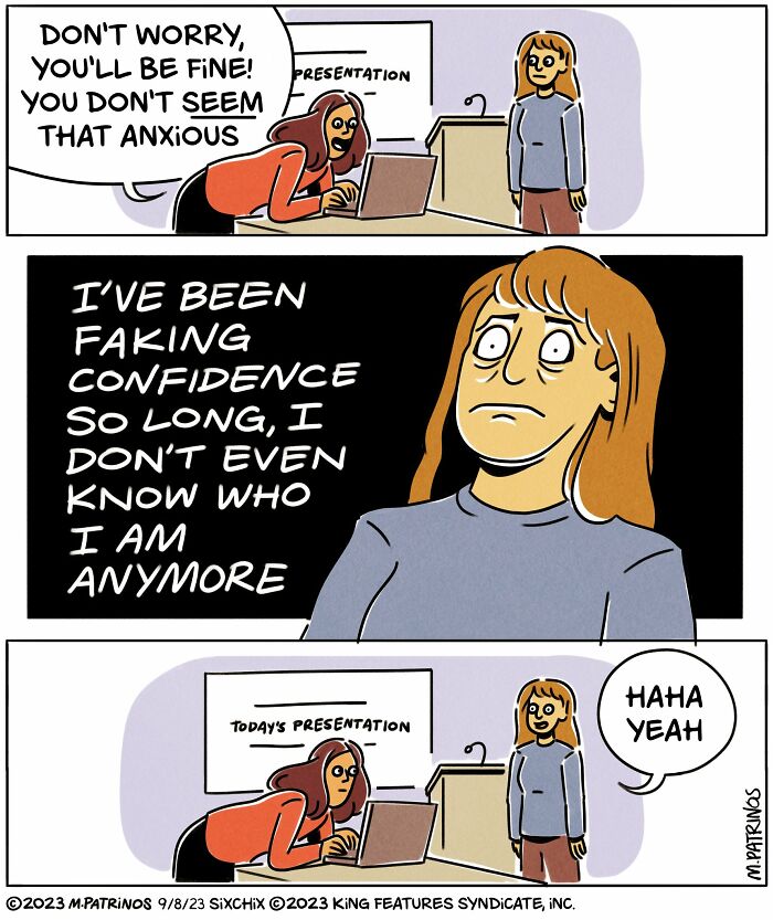 A funny and relatable comic by Maritsa Patrinos showing anxiety before a presentation.