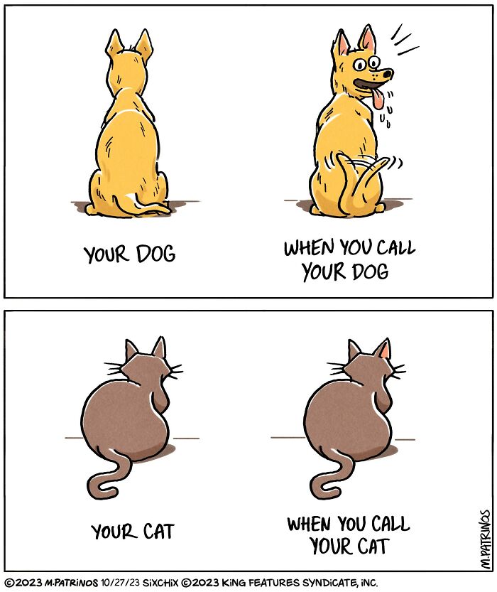 Cartoon illustration by Maritsa Patrinos of a dog eagerly responding and a cat ignoring when called.