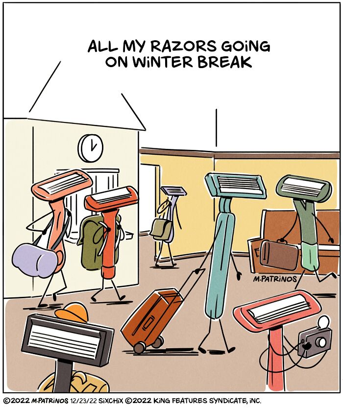 Razors with legs and luggage, illustrated by Maritsa Patrinos, humorous winter break scene.