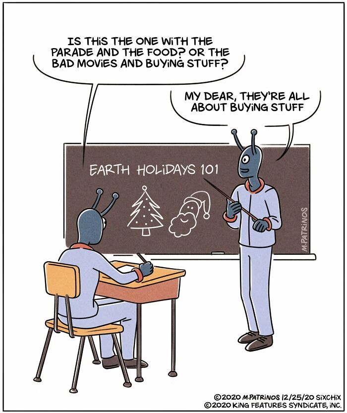 Aliens discuss Earth holidays in a humorous comic by Maritsa Patrinos.