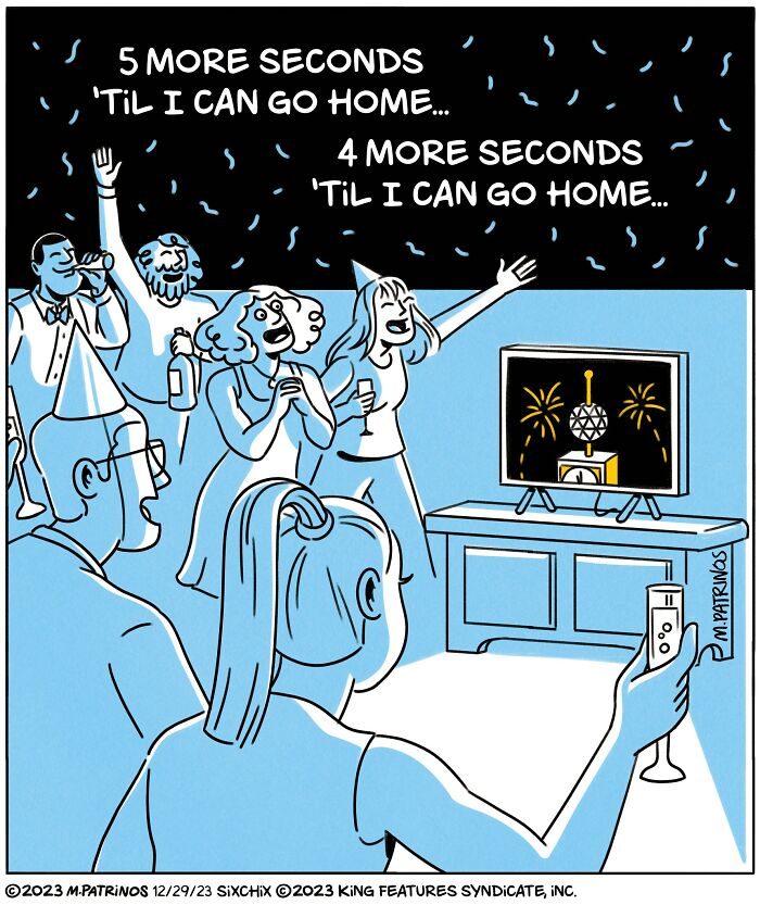 Party scene with people counting down to New Year's, one person thinking humorously about going home soon.