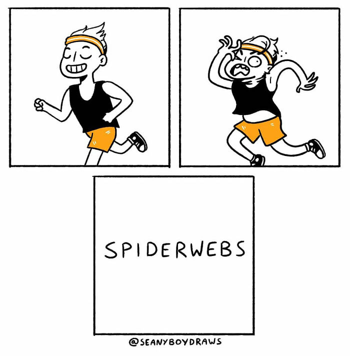 Funny comic showing a person happily jogging then struggling after running into spiderwebs, based on real-life experiences.