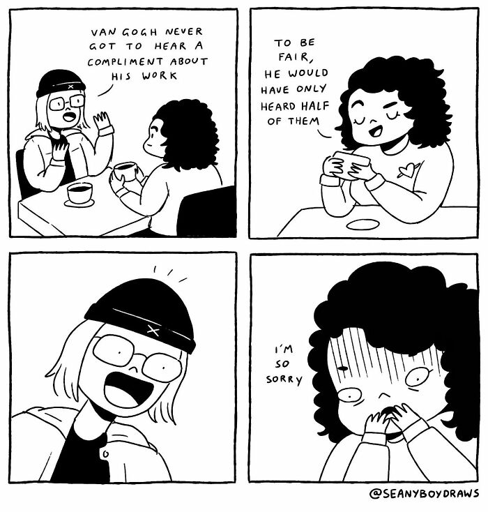 Black-and-white comic strip showing two characters humorously discussing compliments and real-life experiences.