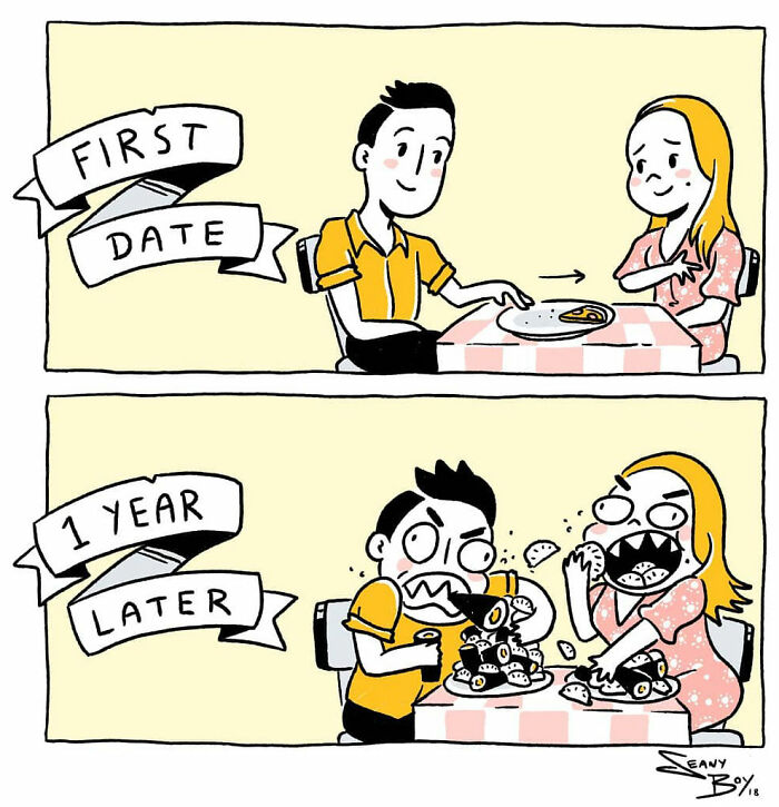 Funny comics based on real-life experiences show a couple’s changing eating habits from first date to one year later.