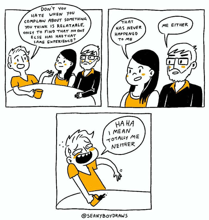 Comic strip illustrating funny real-life experiences with characters humorously discussing relatable situations.