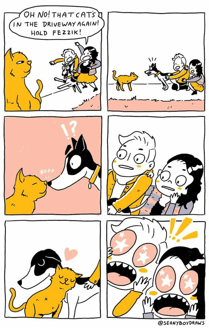 Comic showing a funny real-life moment as a dog and cat meet, capturing humorous expressions and reactions from the artist's characters.