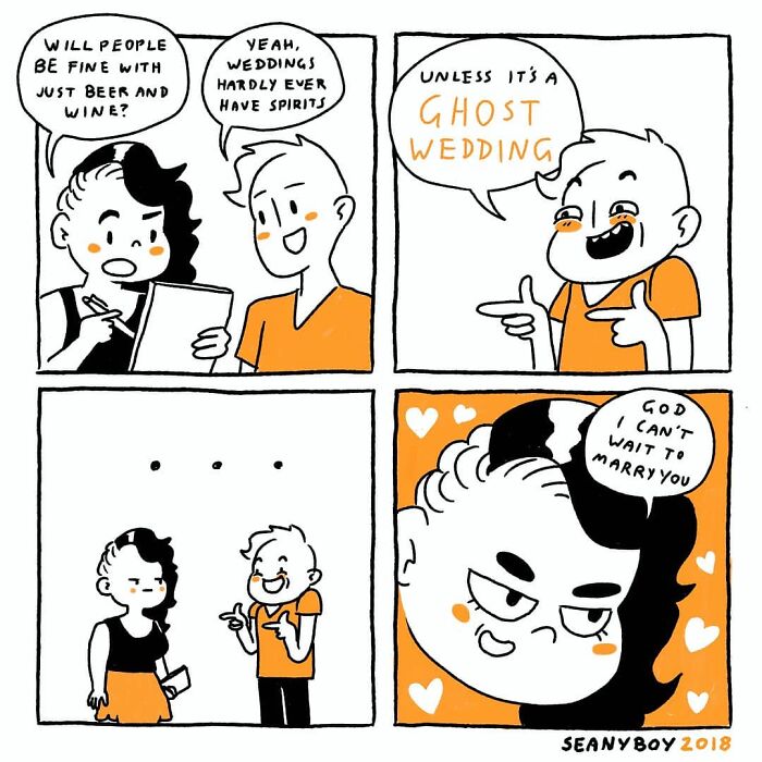 Comic strip by artist creating funny comics about real-life experiences, featuring a humorous wedding conversation.