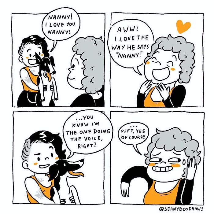 Comic illustrating funny real-life experiences with a child, dog, and nanny sharing humorous dialogue and expressions.