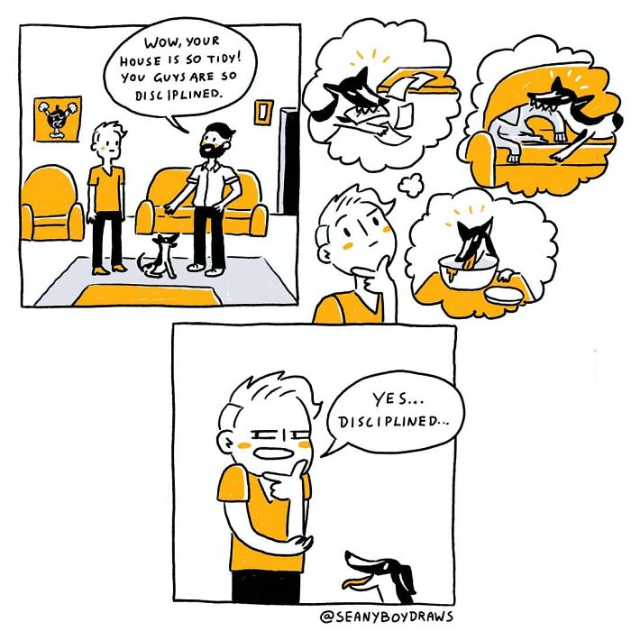 Comic panel by artist humorously depicting real-life experiences with a disciplined dog in a tidy living room setting.