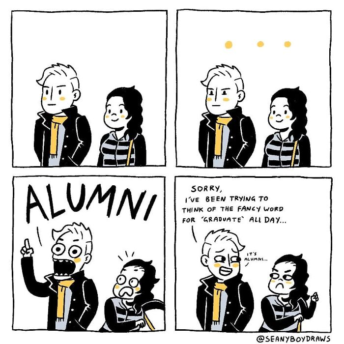 Comic panel showing funny real-life moment of a man struggling to remember the word alumni in a conversation.