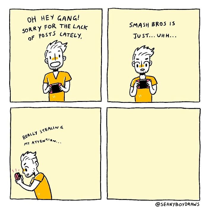 Comic artist humorously depicts real-life distraction with a handheld game in a funny comic based on everyday experiences.