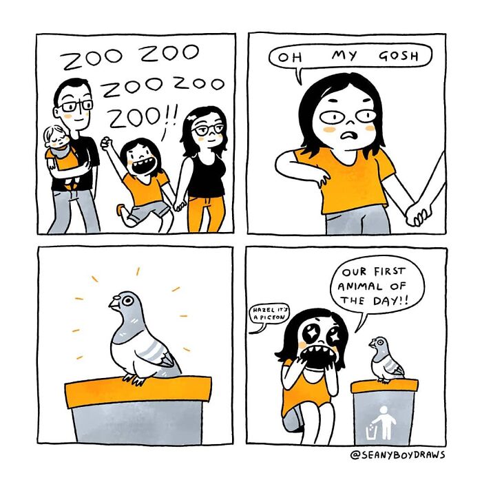 Comic strip showing a family visiting the zoo, capturing funny real-life experiences with animals and reactions.
