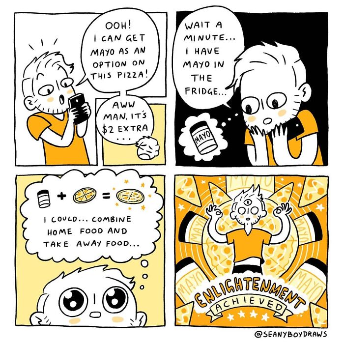 Funny comic strip illustrating real-life experiences about combining home food and takeaway, highlighting creative food ideas.