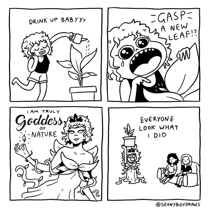 Funny comic panels showing a character watering a plant, excited about a new leaf, feeling like nature goddess, and sharing the success.
