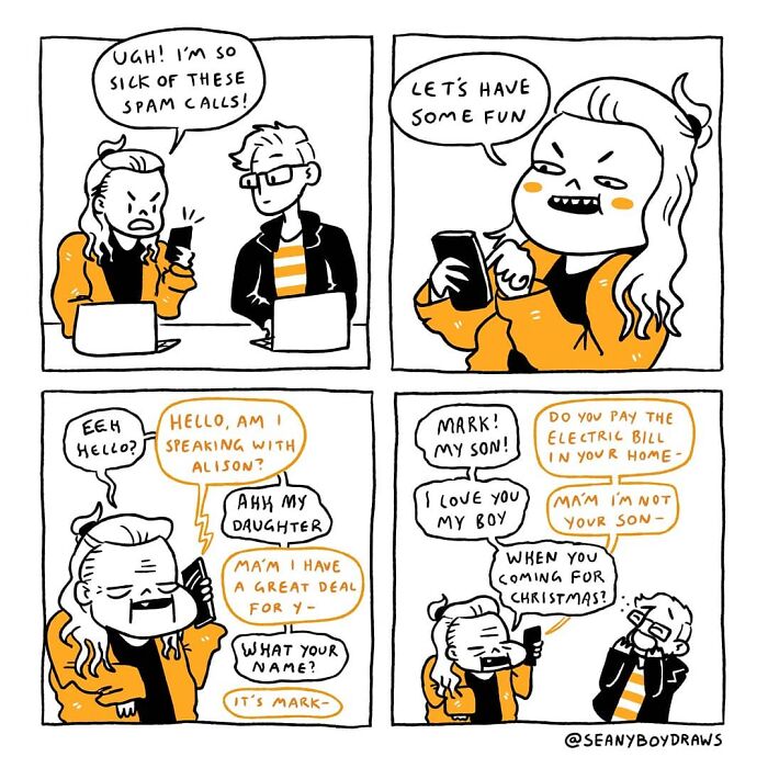 Funny comics about real-life experiences showing a woman creatively handling spam calls with humor in a cartoon style.