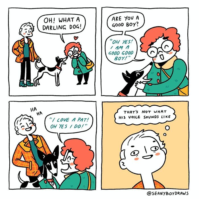 Funny comic panels showing real-life experiences with a dog, featuring playful dialogue and humorous thoughts from characters.