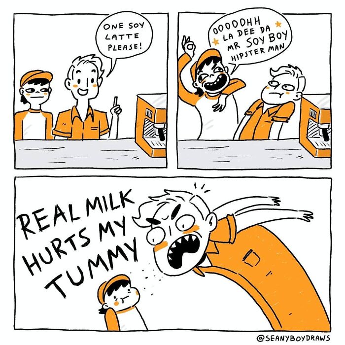 Funny comic panel showing a real-life experience of ordering soy latte and dealing with milk intolerance humor.