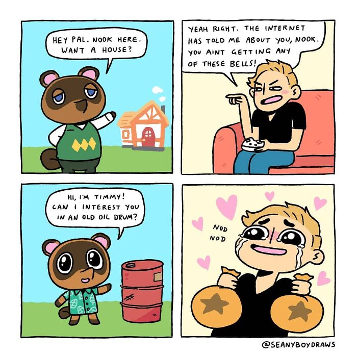 Funny comic panels showing characters from real-life experiences with a gamer rejecting then happily accepting items.