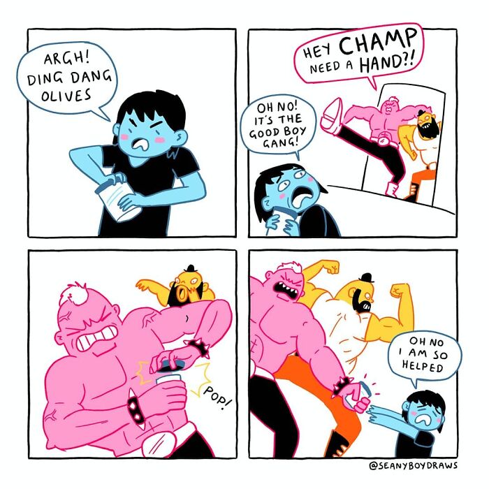 Funny comic strip showing a character struggling with a jar, helped by muscular figures, based on real-life experiences.