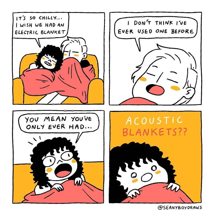 Funny comic strip depicting a couple talking about electric and acoustic blankets based on real-life experiences.