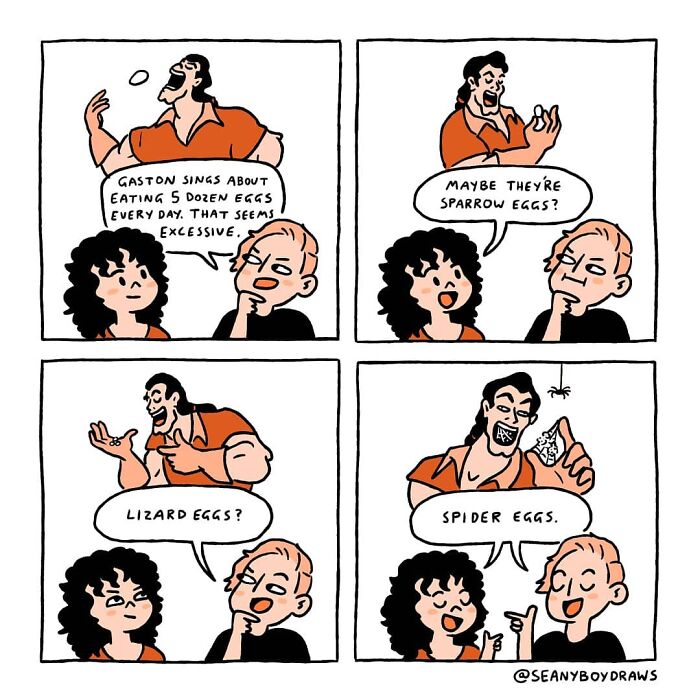 Four-panel funny comic by artist depicting a conversation about eating unusual types of eggs based on real-life experiences.