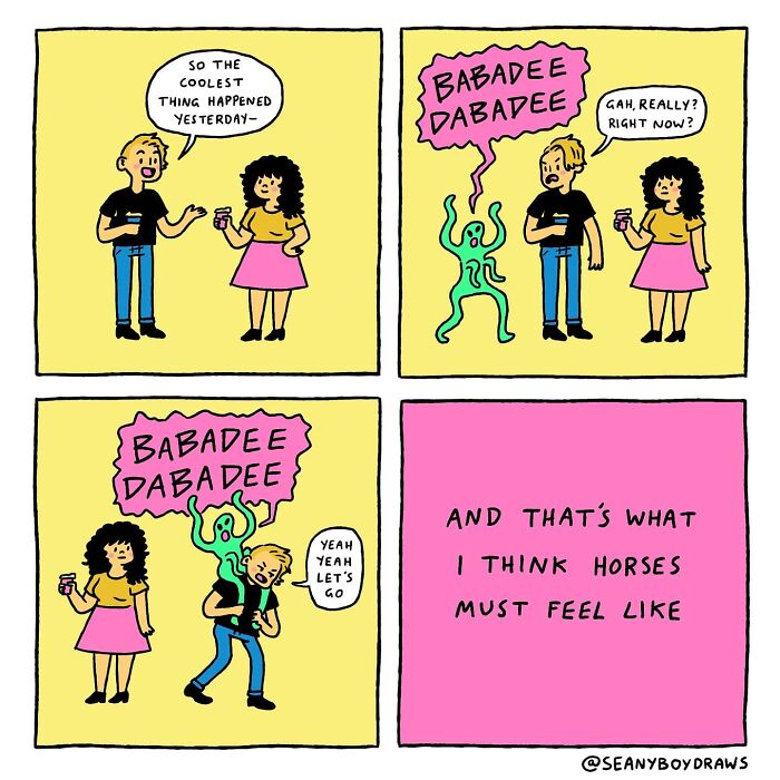 Funny comic illustrating real-life experiences with quirky characters and playful dialogue in a colorful cartoon style.