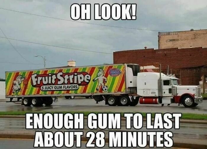 Vintage Fruit Stripe gum truck photo with nostalgic 80s and 90s humor about long-lasting gum flavors.