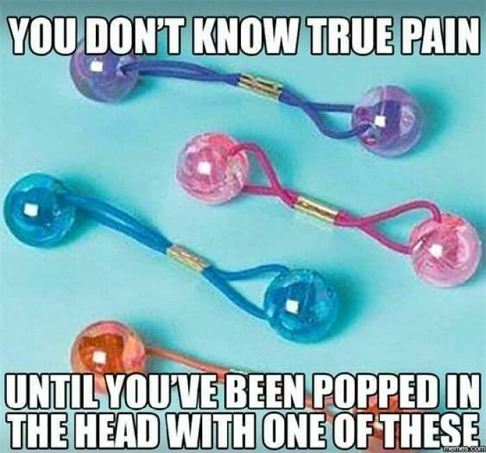Colorful hair poppers from the ’80s and ’90s shown in a nostalgic meme about childhood pain.