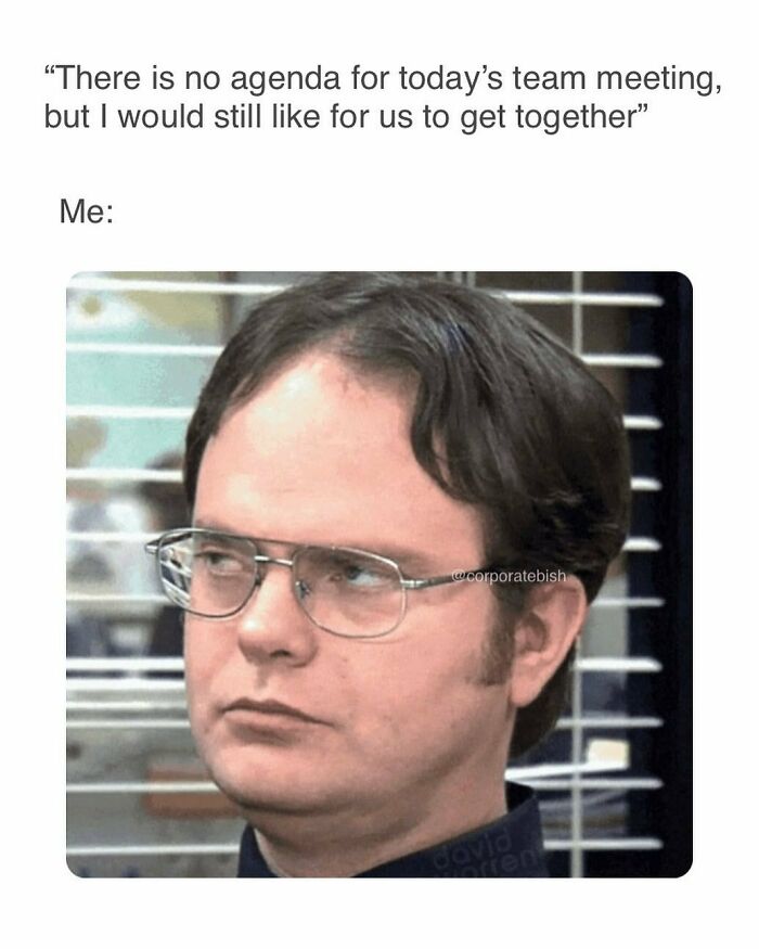 Office worker with glasses giving a skeptical look, representing funny work meme humor.