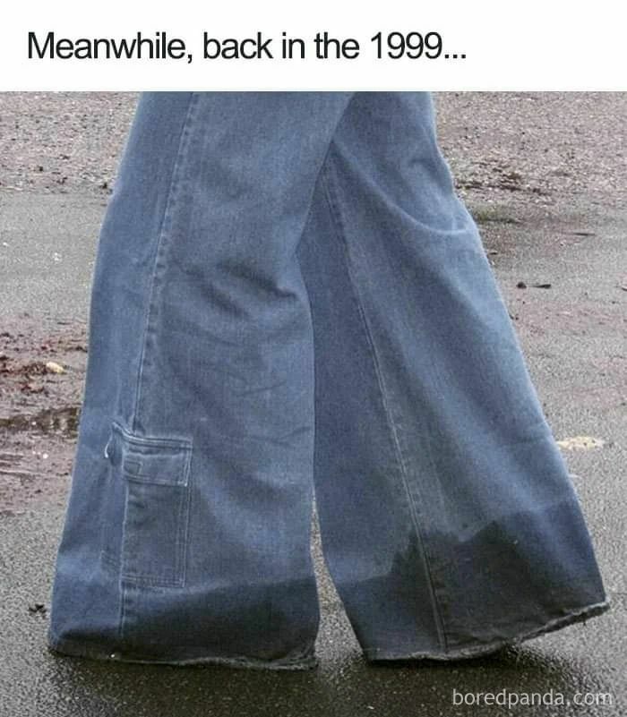 Wide leg jeans soaked at the bottom, representing fashion nostalgia from the 80s and 90s era.