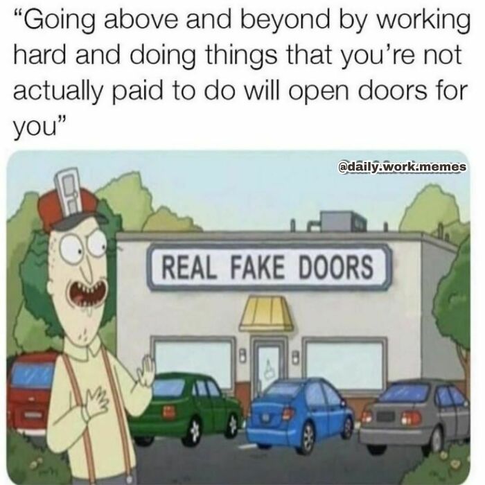 Cartoon character humorously pointing at a building labeled Real Fake Doors, illustrating relatable work memes.