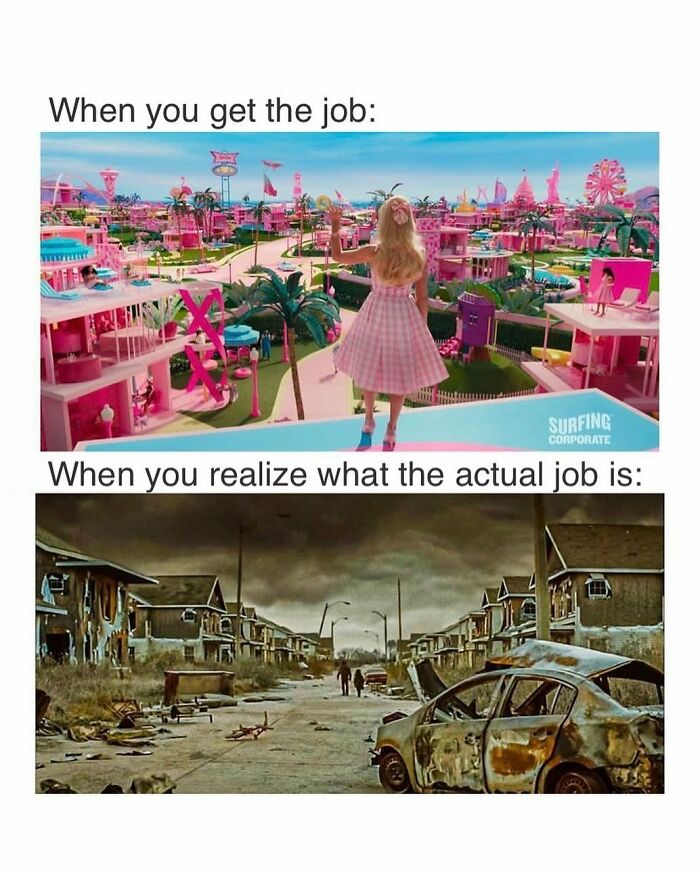Colorful fantasy job perception vs. bleak reality in a funny work meme.
