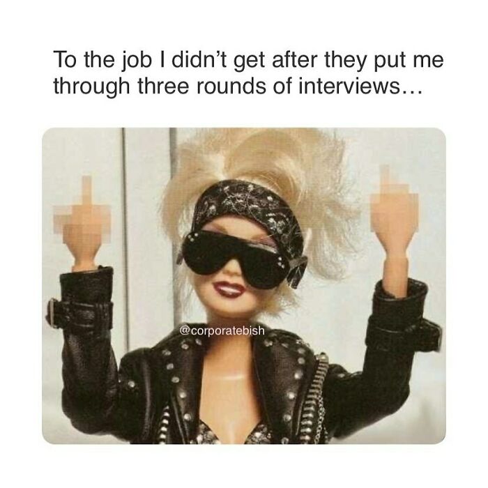 A doll in sunglasses and leather jacket making a humorous gesture, reflecting funny work memes.