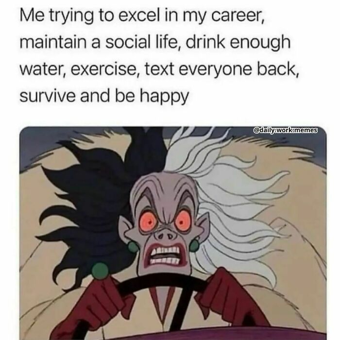 Stressed cartoon character with wild hair expressing frustration, relating to funny and relatable work day memes.