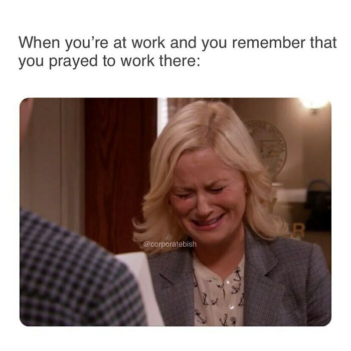 Blonde woman in an office laughing ironically, a funny work meme about job prayers.