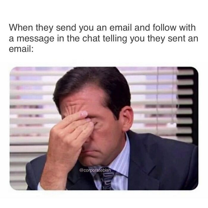 Person facepalming at a funny work meme about emails and chat messages.