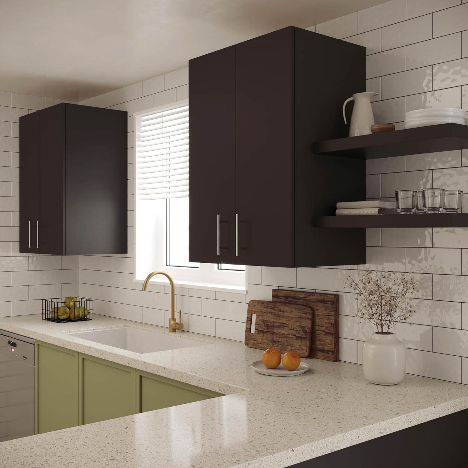 Kitchen with dark color cabinets and light countertop Kitchen with dark color cabinets and light countertop