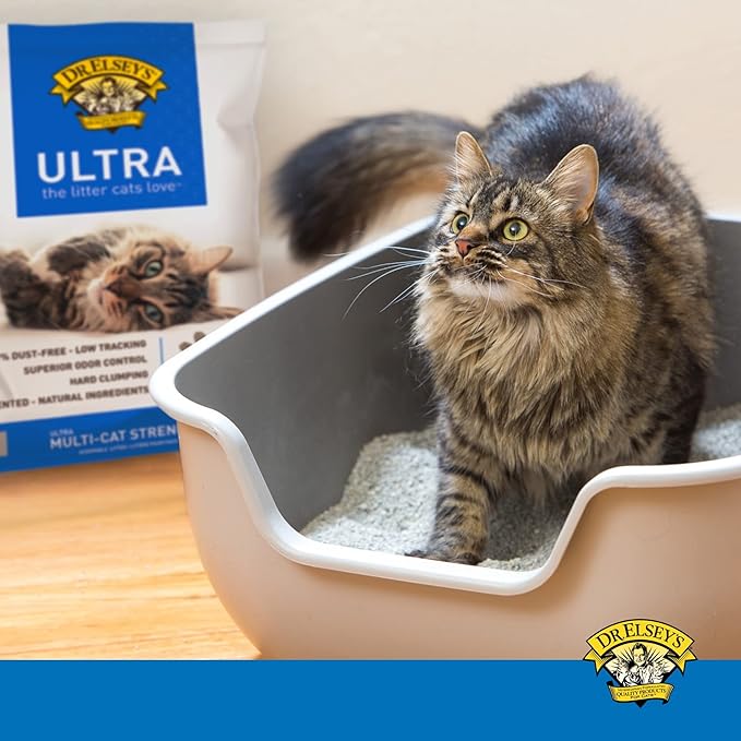 Cat using Dr. Elsey's litter box with Ultra cat litter, featuring a bag of litter in the background. Cat using Dr. Elsey's litter box with Ultra cat litter, featuring a bag of litter in the background.