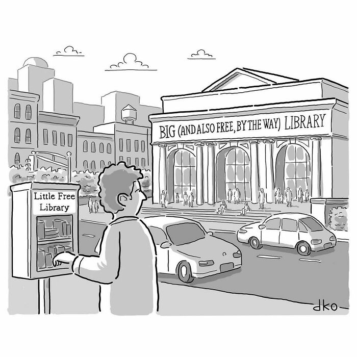 Man standing at a small free library box across the street from a large public library in a funny one-panel comic style.